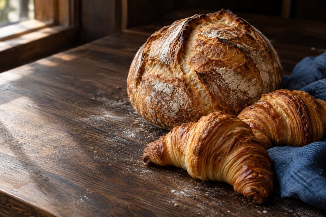 An illustrative bakery still life with a loaf of bread and croissants