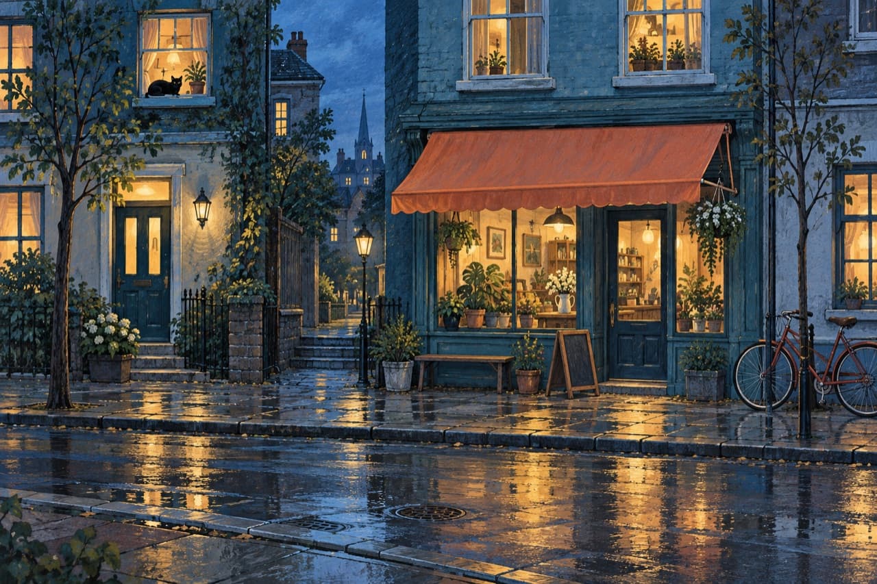 An imaginary street at blue hour with warm windows, a coral awning, a bicycle, and a black cat